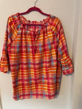 Bright Plaid Peasant Blouse - Red & Orange